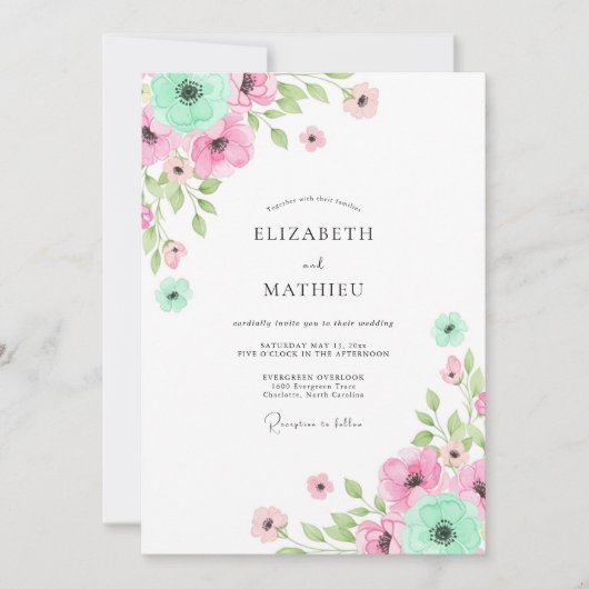 Mint Pink Floral Whimsy Wedding 招待状 (正面)
