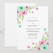 Mint Pink Floral Whimsy Wedding 招待状 (正面/裏面)