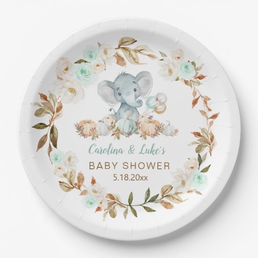 Mint Pumpkin Elephant Baby Shower Party Paper Plat ペーパープレート (正面)