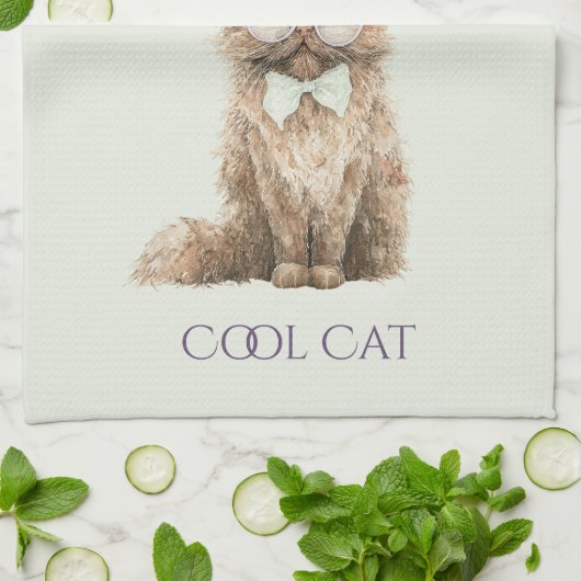 Mint Purple Brown Cool Cat Glasses   キッチンタオル (折り畳み)