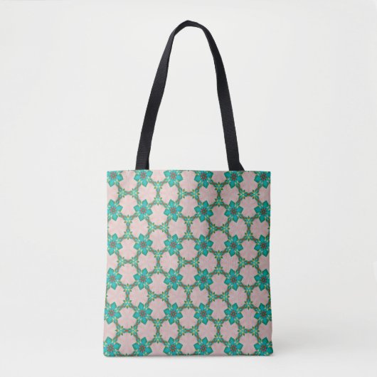Mint & Red Retro Floral Tote Bag トートバッグ (正面)