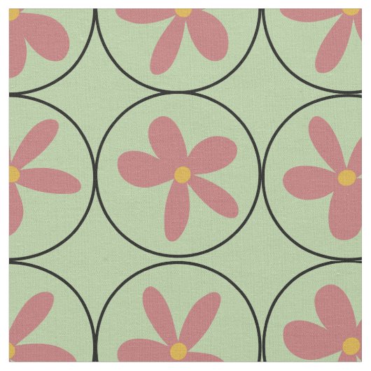 Mint Retro Floral Tile Combed Cotton Fabric ファブリック (クローズアップ)
