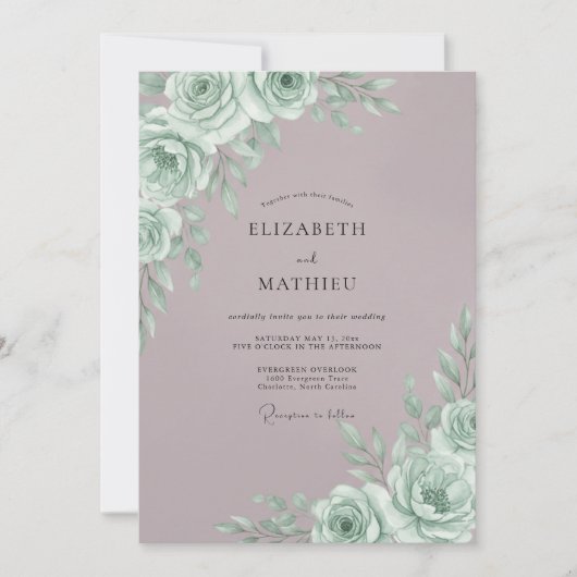 Mint Rose Botanical Romance Wedding 招待状 (正面)