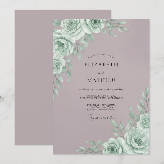 Mint Rose Botanical Romance Wedding 招待状 (正面/裏面)