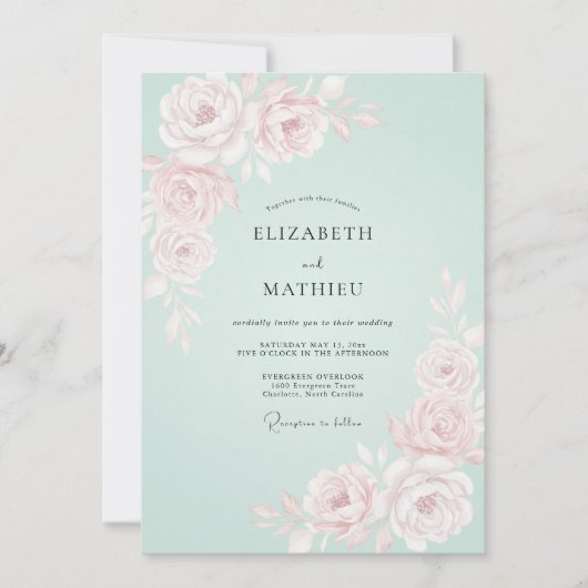 Mint Rose Romantic Spring Wedding 招待状 (正面)