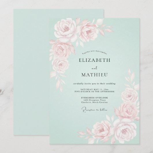 Mint Rose Romantic Spring Wedding 招待状 (正面/裏面)