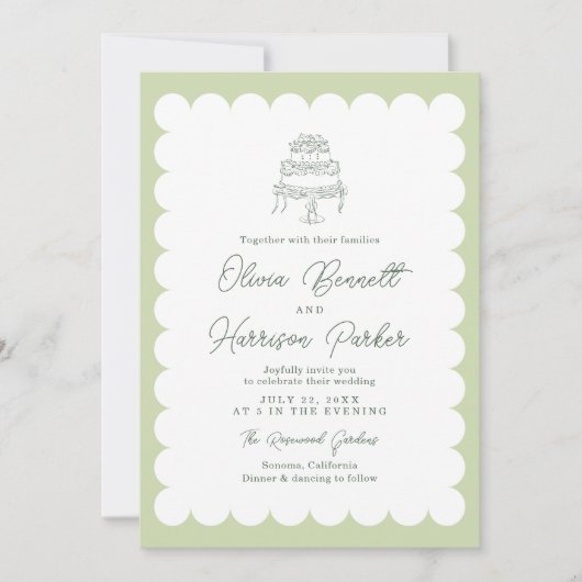 Mint Scalloped Romantic Cake Wedding Invitation 招待状 (正面)