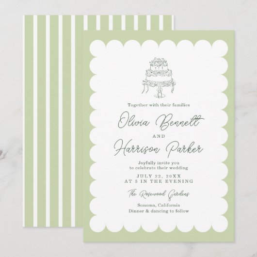 Mint Scalloped Romantic Cake Wedding Invitation 招待状 (正面/裏面)