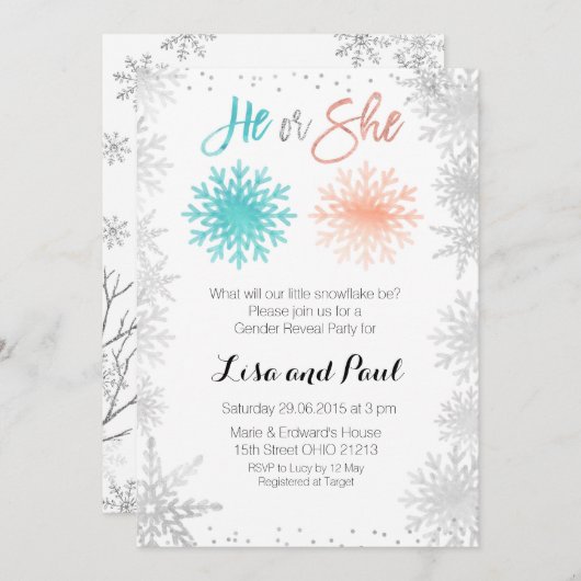 Mint Snowflakes Winterのジェンダー·リビールの招待 招待状 (正面/裏面)