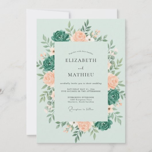 Mint Teal Botanical Romantic Wedding 招待状 (正面)