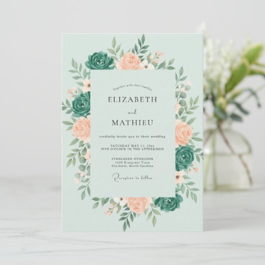 Mint Teal Botanical Romantic Wedding 招待状 (スタンド正面)