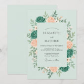 Mint Teal Botanical Romantic Wedding 招待状 (正面/裏面)