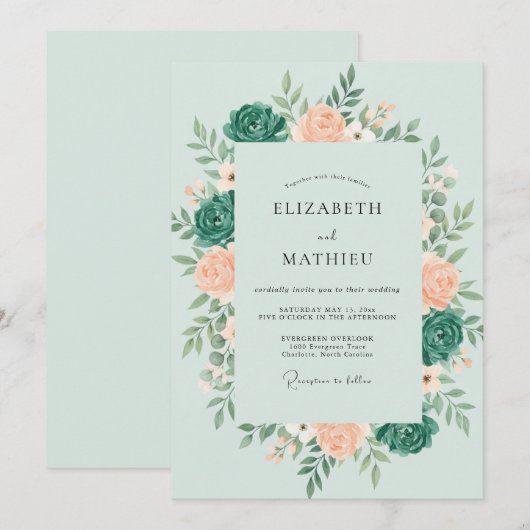 Mint Teal Botanical Romantic Wedding 招待状 (正面/裏面)