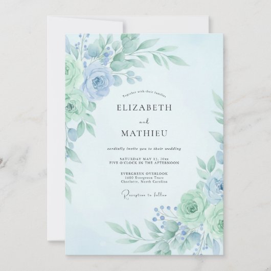 Mint Teal Refreshing Botanical Wedding 招待状 (正面)