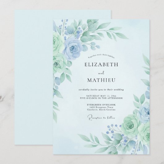 Mint Teal Refreshing Botanical Wedding 招待状 (正面/裏面)