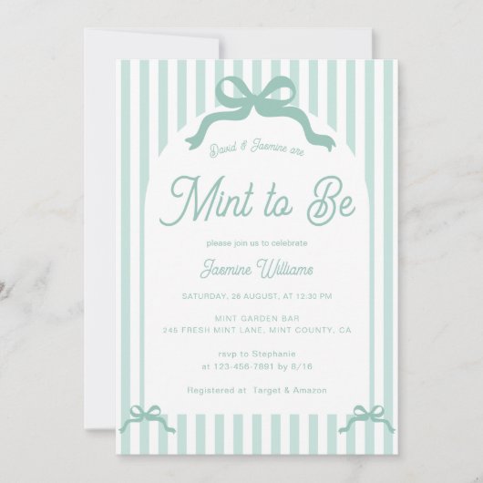 Mint To Be Bow Stripes Bridal Shower 招待状 (正面)