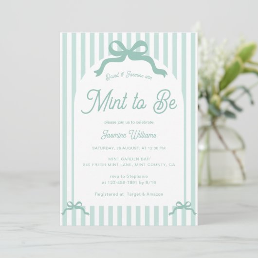 Mint To Be Bow Stripes Bridal Shower 招待状 (スタンド正面)