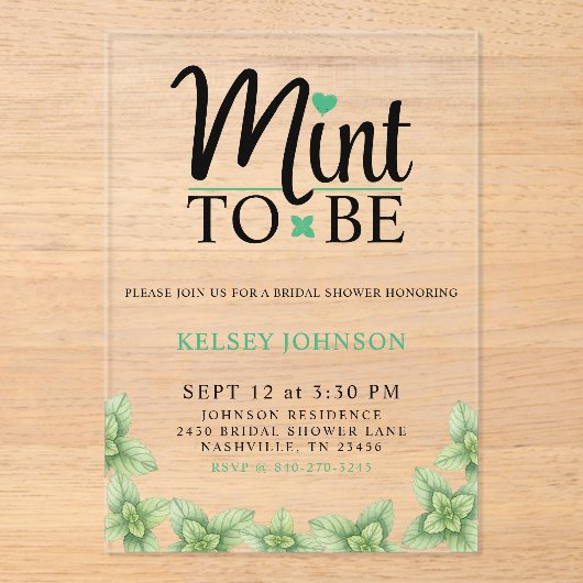 Mint to Be Mint Leaf Bridal Shower アクリル招待状 (正面)