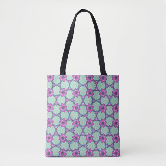 Mint & Violet Geometric Floral Pattern Tote トートバッグ (正面)
