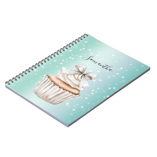 Mint White Bokeh Dots Bow Cupcake   ノートブック (左側)