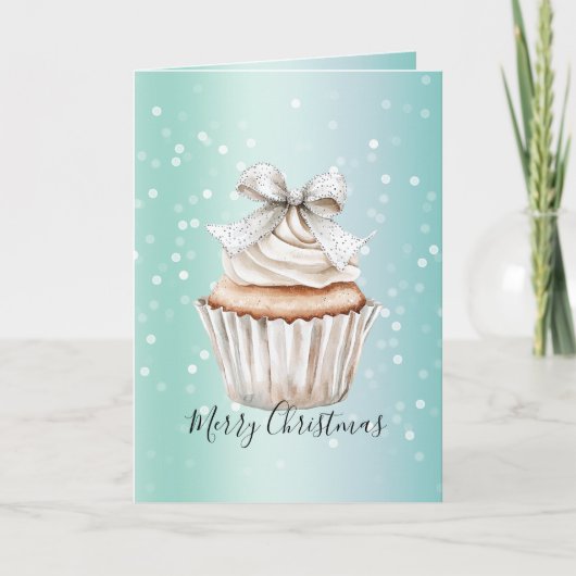 Mint White Bokeh Dots Bow Cupcake Christmas カード (正面)