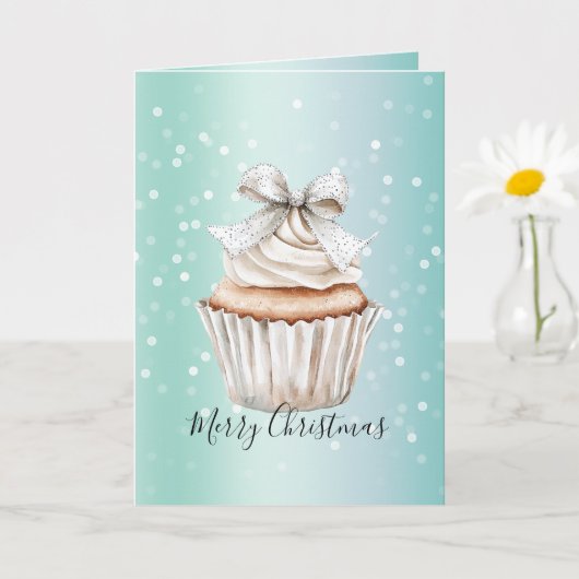 Mint White Bokeh Dots Bow Cupcake Christmas カード (小さな植物)