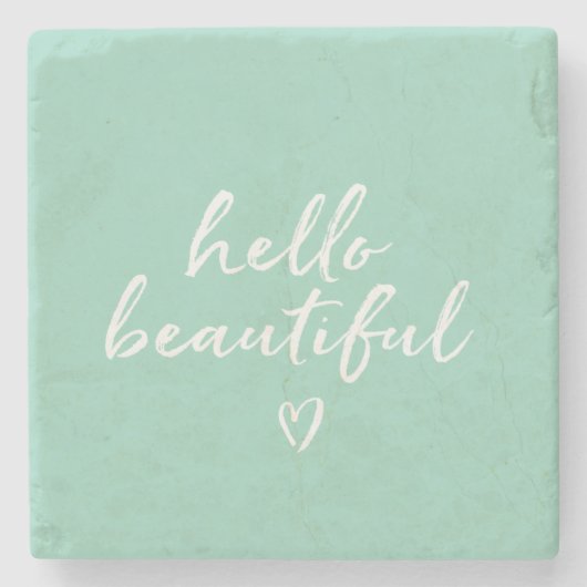 Mint White Hello Beautiful Inspirational Heart ストーンコースター (正面)