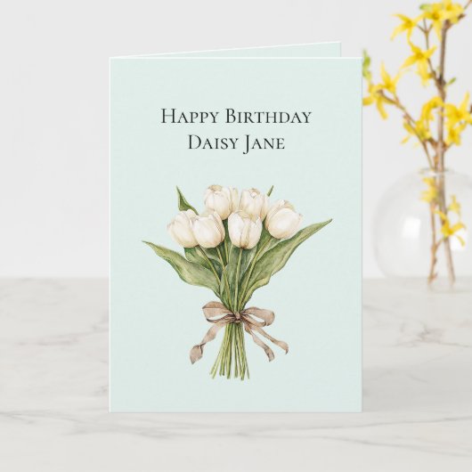 Mint White Tulip Flowers Birthday カード (黄色い花)