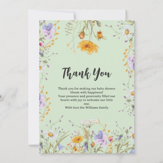 Mint wildflower floral Thank You Baby Shower  サンキューカード (正面)