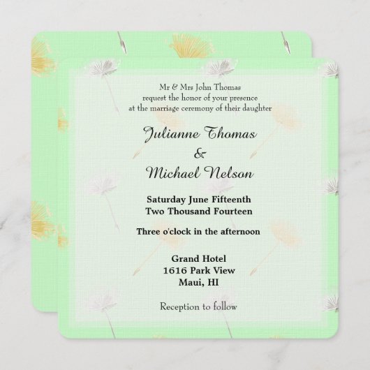 Mint Wishes Dandelionの花結婚の 招待状 (正面/裏面)