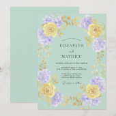 Mint Yellow Floral Romance Wedding 招待状 (正面/裏面)