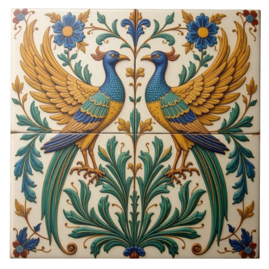 Mirrored Peacocks Coaster Ceramic Tile タイル (正面)