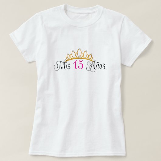 Mis 15 Anosキンセアニェラの金ゴールドのティアラのピンク Tシャツ (デザイン正面)