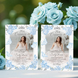 Mis Quinceフォト招待状バイリンガルダスティブルー 招待状