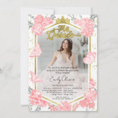 Mis Quinceフォト招待状バイリンガルピンクフローラ 招待状 (正面)