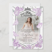 Mis Quinceフォト招待状バイリンガルラベンダー 招待状 (正面)
