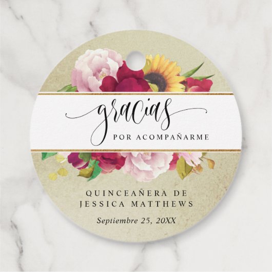 Mis Quince赤、金ゴールドと黄色のフローラ、メッセージカード フェイバータグ (裏面)