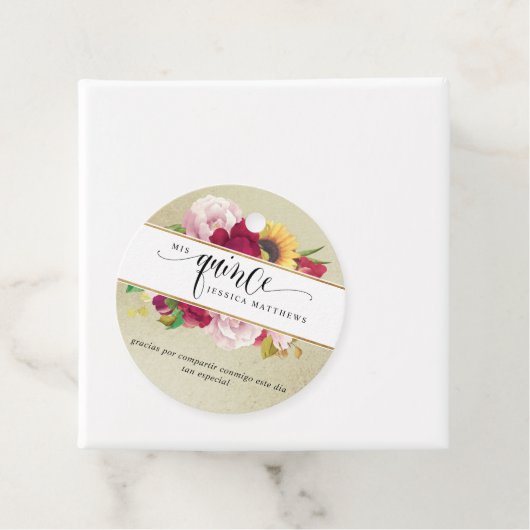 Mis Quince赤、金ゴールドと黄色のフローラ、メッセージカード フェイバータグ (インサイチュ)