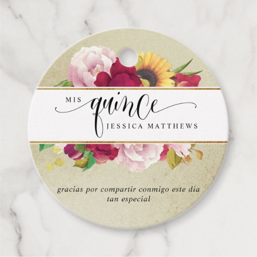 Mis Quince赤、金ゴールドと黄色のフローラ、メッセージカード フェイバータグ (正面)