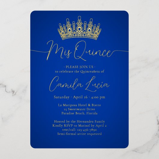 Mis Quince 3フォトコラージュQuinceainera 王室の Blue 箔招待状 (正面)