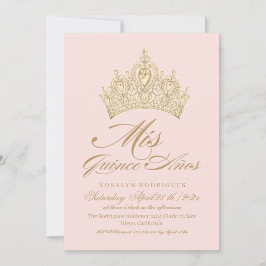 Mis Quince Anosエレガントピンク金ゴールド写真 招待状 (正面)
