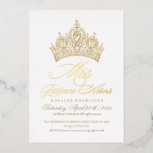Mis Quince Anosエレガントホワイト金ゴールド写真 箔招待状 (正面)