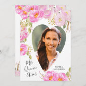 Mis Quince Anosフォトピンク金ゴールドフローラキンセアニェラ 招待状 (正面/裏面)