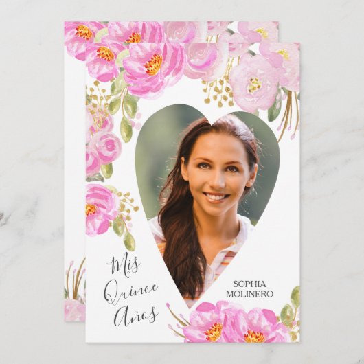 Mis Quince Anosフォトピンク金ゴールドフローラキンセアニェラ 招待状 (正面/裏面)