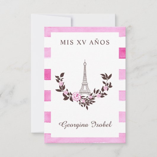 Mis Quince años Diseño Floral París Rayas Rosa サンキューカード (正面)