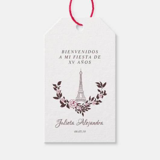 Mis Quince años Diseño Floral Torre Eiffel ギフトタグ (正面)