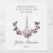 Mis Quince años Diseño Floral Torre Eiffel ワインラベル (シングルラベル)