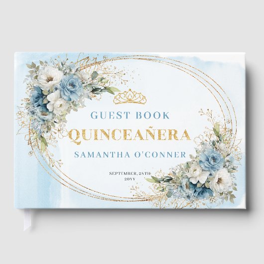 Mis Quince Boho Guest Book with Blue Gold Greenery ゲストブック (正面)