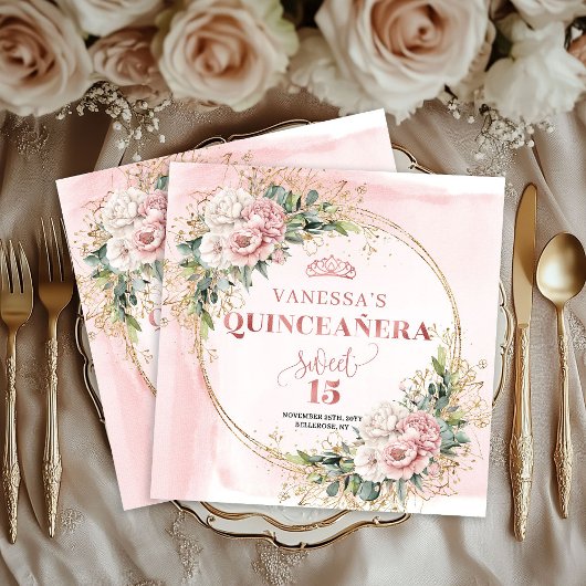 Mis Quince Celebration Napkins Blush Pink Floral スタンダードカクテルナプキン