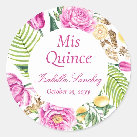 Mis Quince Floral Pink Peonies Lemons Quinceañera  ラウンドシール (正面)